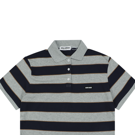 Miu Miu Striped Short-Sleeve Polo Shirt - Grey Blue