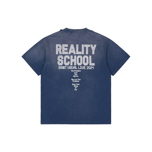 Saint Michael SS25 Blue Washed Distressed Slogan T-Shirt