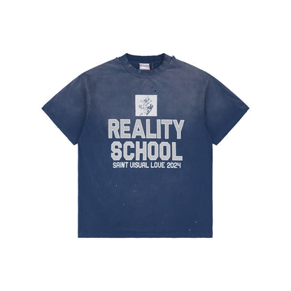 Saint Michael SS25 Blue Washed Distressed Slogan T-Shirt