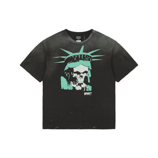 Saint Michael Short-Sleeve T-Shirt with Skull Statue of Liberty Print