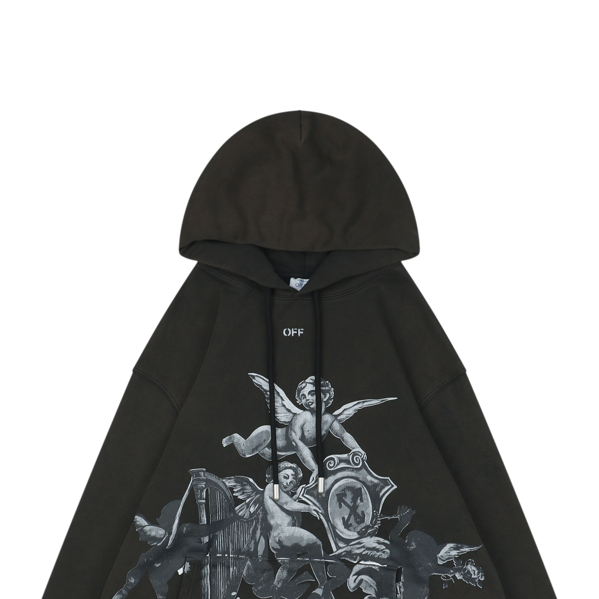 Off-White Angel & Harp Baroque Print Hoodie – Black | Renaissance Graphic Oversized Streetwear Sweatshirt