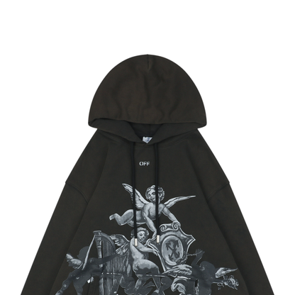 Off-White Angel & Harp Baroque Print Hoodie – Black | Renaissance Graphic Oversized Streetwear Sweatshirt
