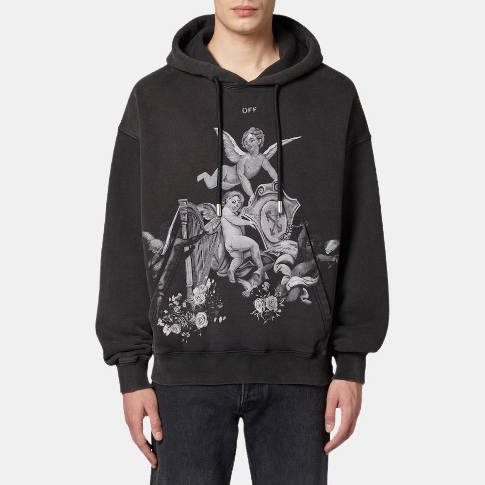 Off-White Angel & Harp Baroque Print Hoodie – Black | Renaissance Graphic Oversized Streetwear Sweatshirt
