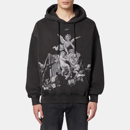 Off-White Angel & Harp Baroque Print Hoodie – Black | Renaissance Graphic Oversized Streetwear Sweatshirt
