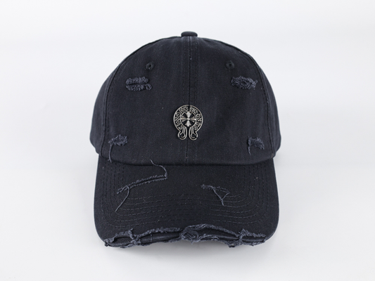 Chrome Hearts Distressed Baseball Cap – Gothic Cross Metal Logo | Black Streetwear Hat