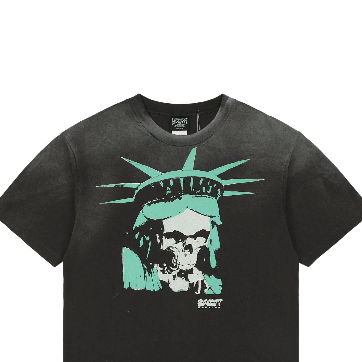 Saint Michael Short-Sleeve T-Shirt with Skull Statue of Liberty Print
