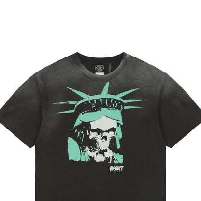 Saint Michael Short-Sleeve T-Shirt with Skull Statue of Liberty Print