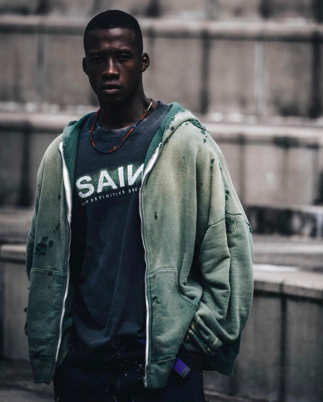 Saint Michael Double-Layer Distressed Waffle-Knit Hoodie