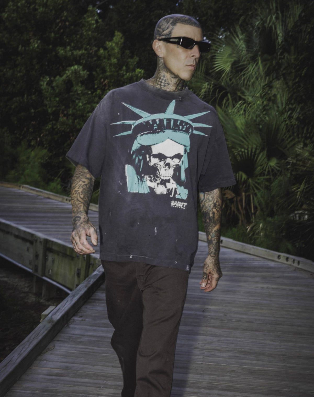 Saint Michael Short-Sleeve T-Shirt with Skull Statue of Liberty Print