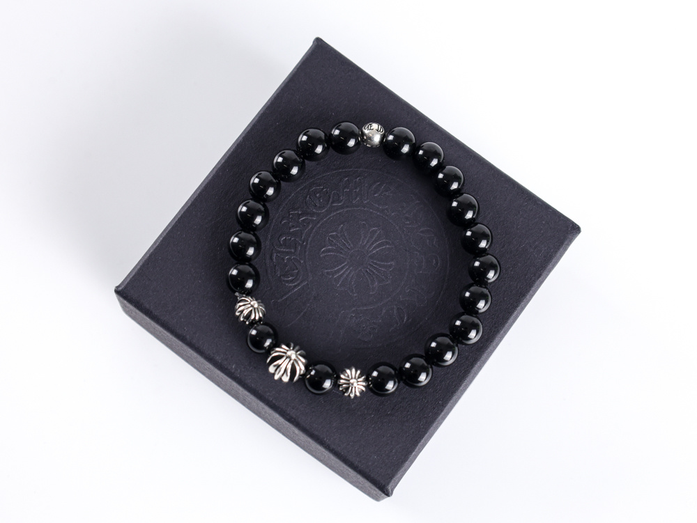 Chrome Hearts Obsidian Bracelet – Four Sterling Silver Beads | Luxury Gothic Jewelry