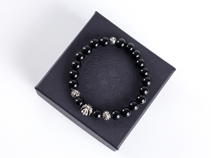 Chrome Hearts Obsidian Bracelet – Four Sterling Silver Beads | Luxury Gothic Jewelry
