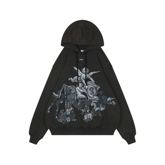 Off-White Angel & Harp Baroque Print Hoodie – Black | Renaissance Graphic Oversized Streetwear Sweatshirt