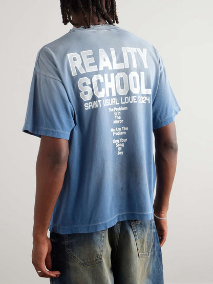 Saint Michael SS25 Blue Washed Distressed Slogan T-Shirt
