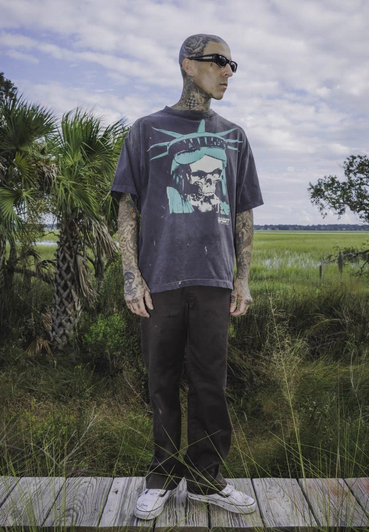 Saint Michael Short-Sleeve T-Shirt with Skull Statue of Liberty Print