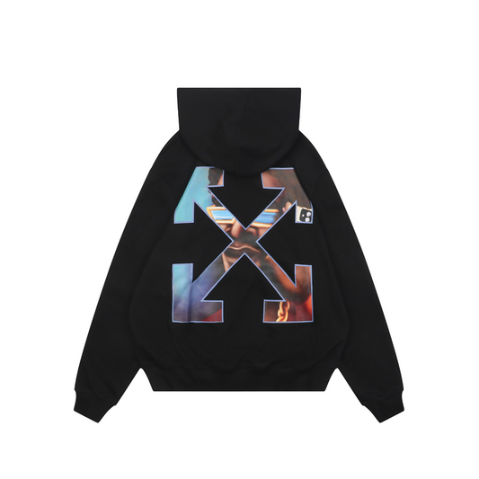 Off-White Portrait Overlay Arrow Print Hoodie – Black | Photo Collage Back Graphic Oversized Streetwear Sweatshirt