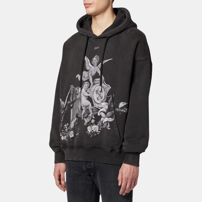 Off-White Angel & Harp Baroque Print Hoodie – Black | Renaissance Graphic Oversized Streetwear Sweatshirt