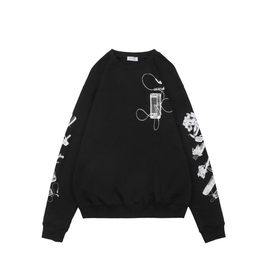 Off-White Digital Headphones Arrow Print Crewneck Sweatshirt – Black | Y2K MP3 Graphic Oversized Streetwear Top