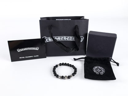 Chrome Hearts Obsidian Bracelet – Four Sterling Silver Beads | Luxury Gothic Jewelry
