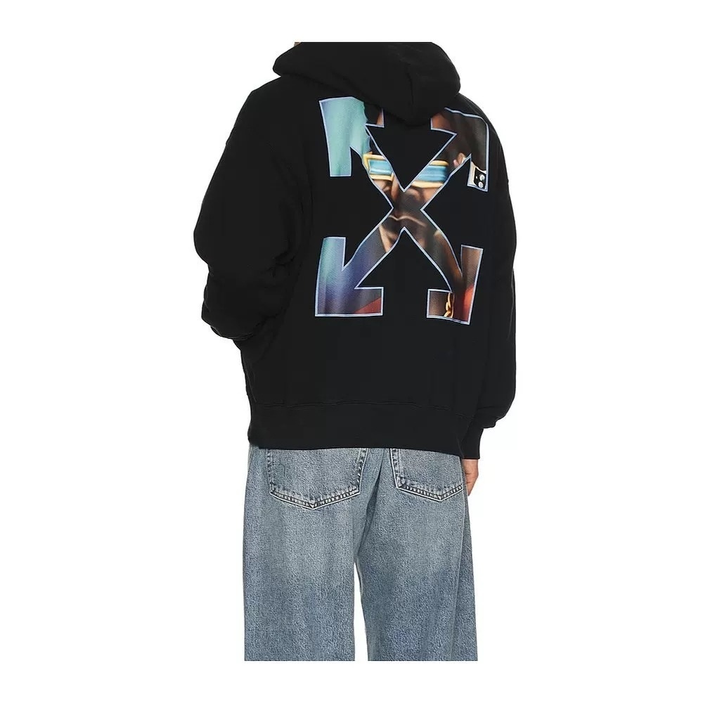 Off-White Portrait Overlay Arrow Print Hoodie – Black | Photo Collage Back Graphic Oversized Streetwear Sweatshirt