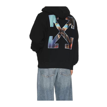 Off-White Portrait Overlay Arrow Print Hoodie – Black | Photo Collage Back Graphic Oversized Streetwear Sweatshirt