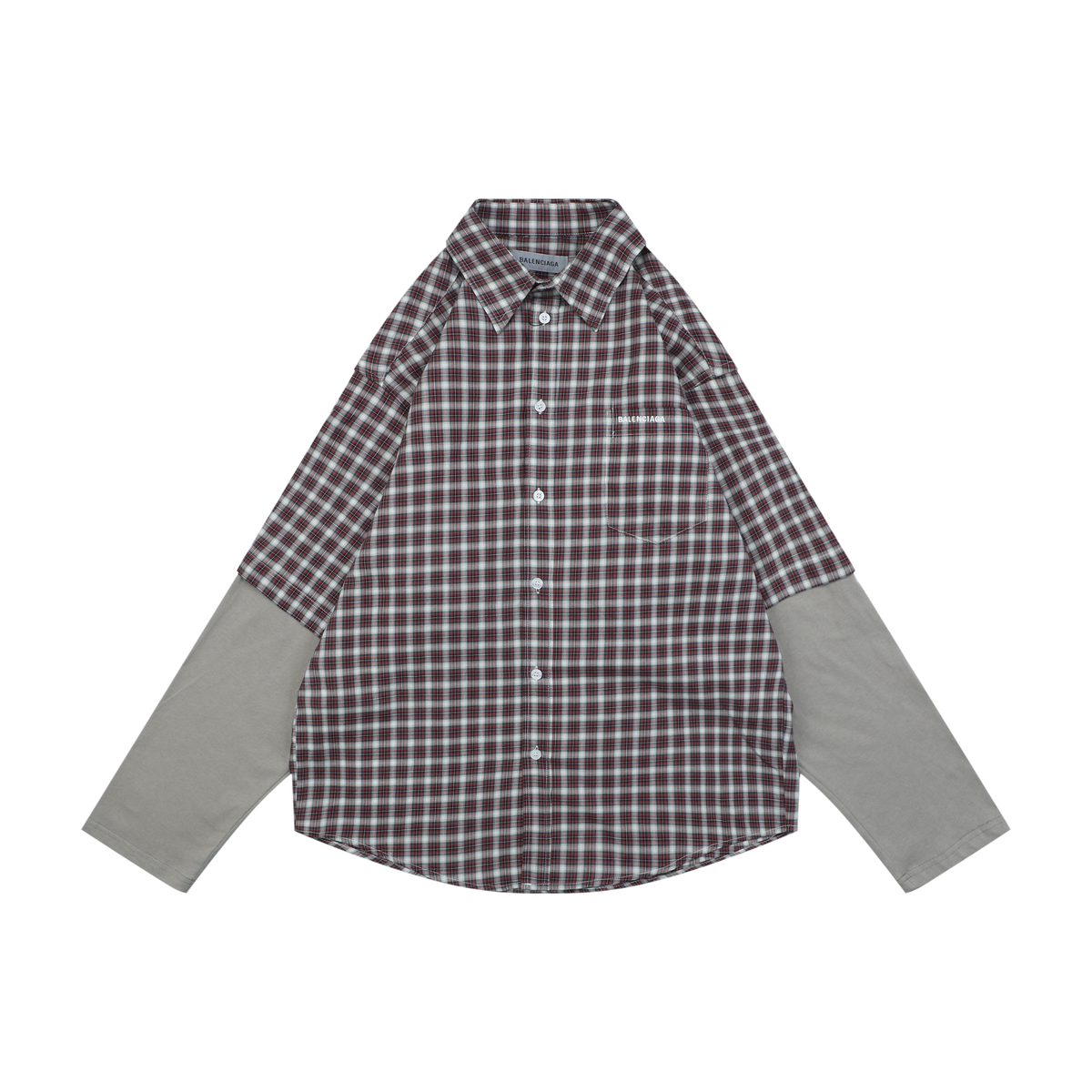 Balenciaga Red & Grey Plaid Long-Sleeve Shirt | Faux-Layered Style