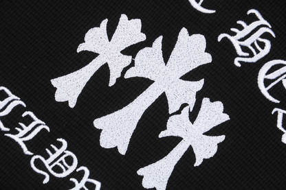 Chrome Hearts Embroidered Waffle-Knit Long-Sleeve Henley with Silver Buttons
