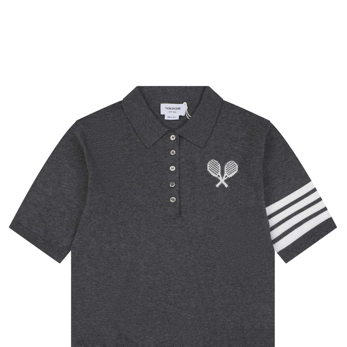 Thom Browne 5-Button Short-Sleeve Polo | Tennis Racket Motif
