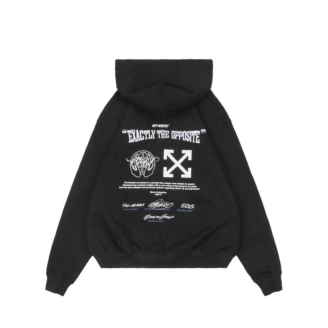 Off-White Blue Arrow Earth Logo Hoodie – Black | Y2K Graphic Oversized Streetwear Sweatshirt