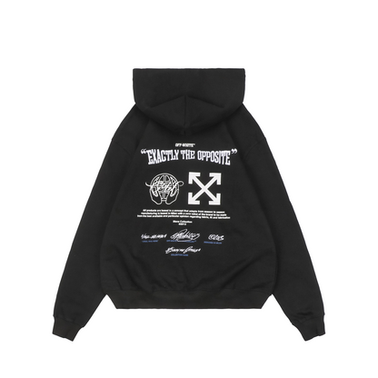 Off-White Blue Arrow Earth Logo Hoodie – Black | Y2K Graphic Oversized Streetwear Sweatshirt