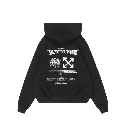 Off-White Blue Arrow Earth Logo Hoodie – Black | Y2K Graphic Oversized Streetwear Sweatshirt
