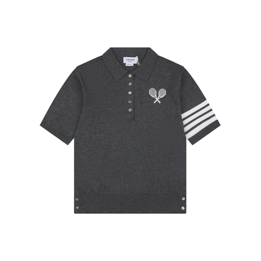Thom Browne 5-Button Short-Sleeve Polo | Tennis Racket Motif
