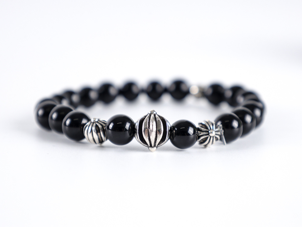 Chrome Hearts Obsidian Bracelet – Four Sterling Silver Beads | Luxury Gothic Jewelry
