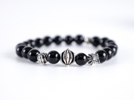 Chrome Hearts Obsidian Bracelet – Four Sterling Silver Beads | Luxury Gothic Jewelry