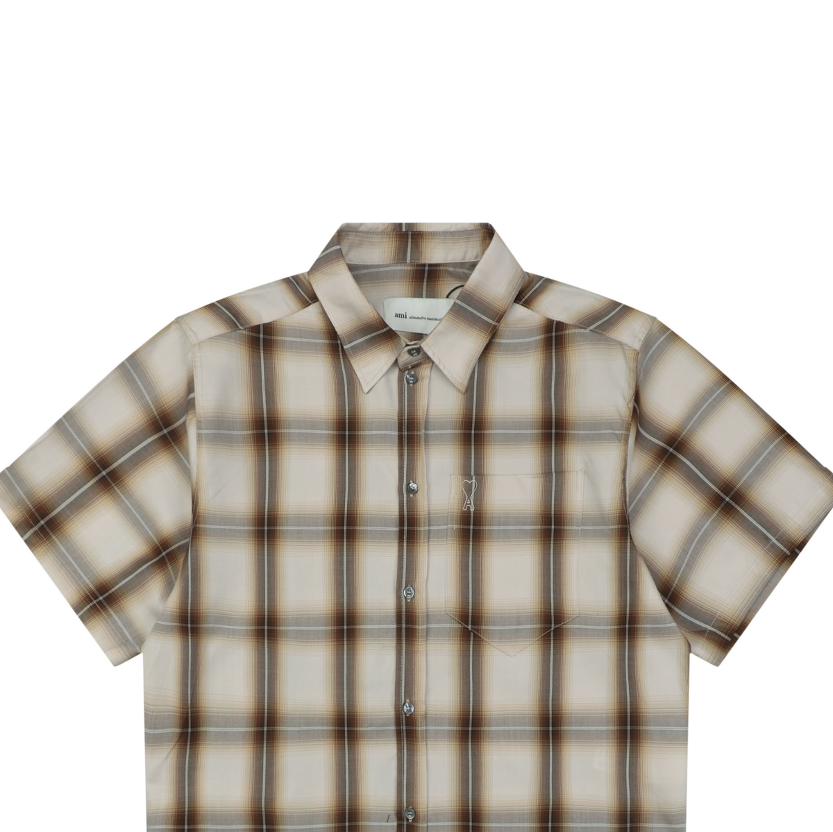 AMI Paris Heart-Logo Check Short-Sleeve Shirt | Brown