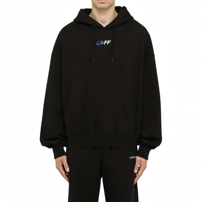 Off-White Blue Arrow Earth Logo Hoodie – Black | Y2K Graphic Oversized Streetwear Sweatshirt