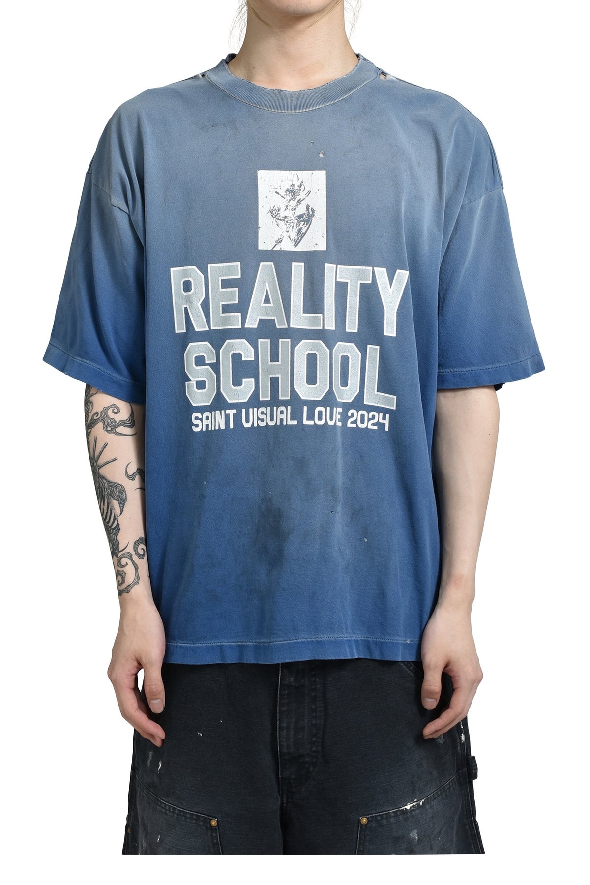 Saint Michael SS25 Blue Washed Distressed Slogan T-Shirt